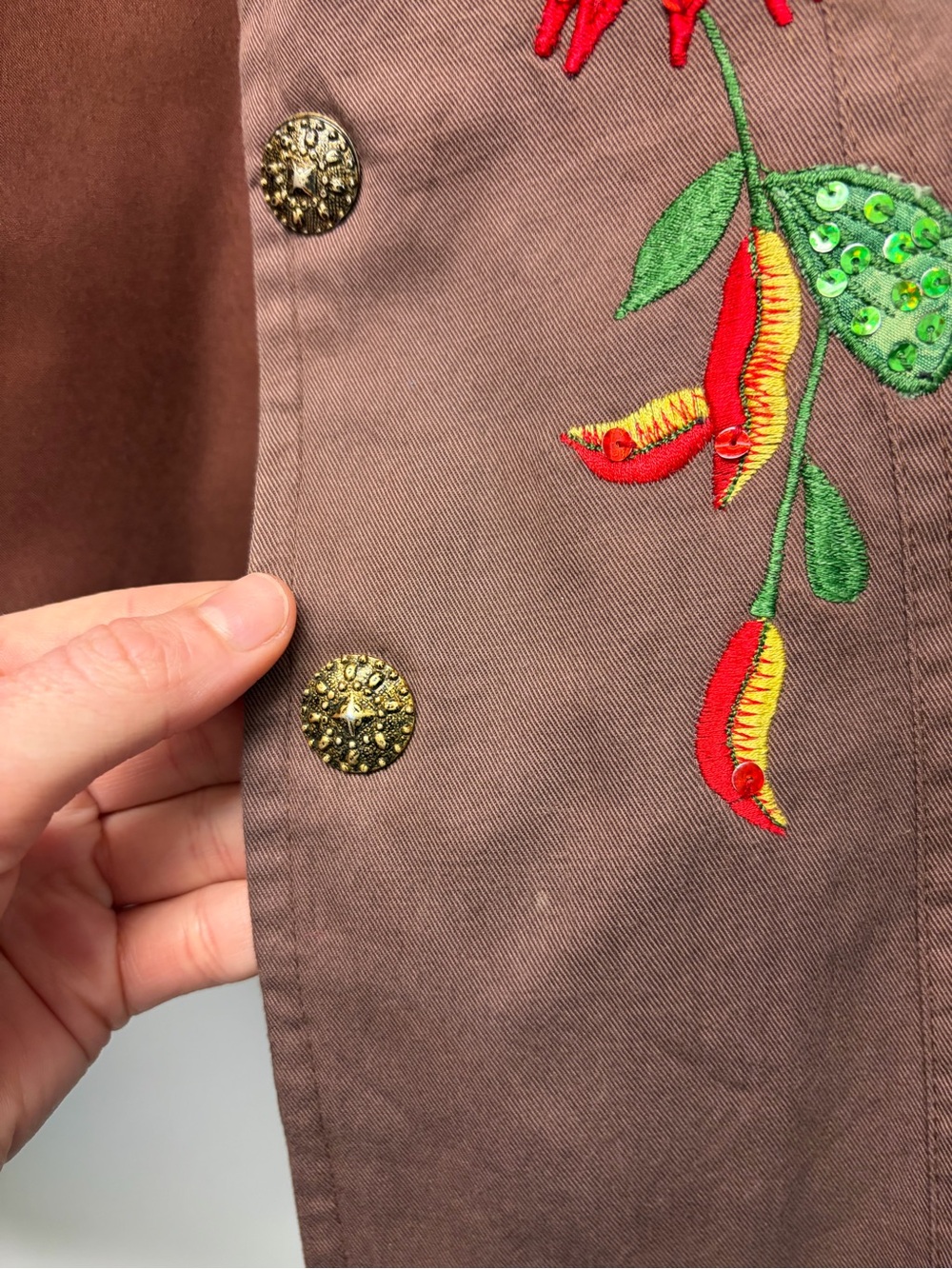 Vtg Women's Embroidered Floral Jacket - Brown Sunflower Design - Picture 3 of 6